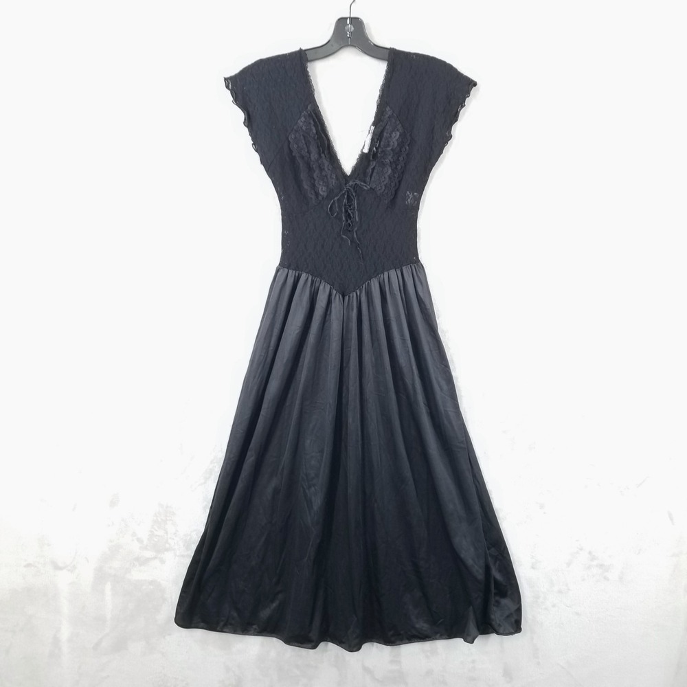 Vtg Cachet Nightgown S‎ Black Lace Corset Ruffle Chemise Deep V Whimsigoth USA